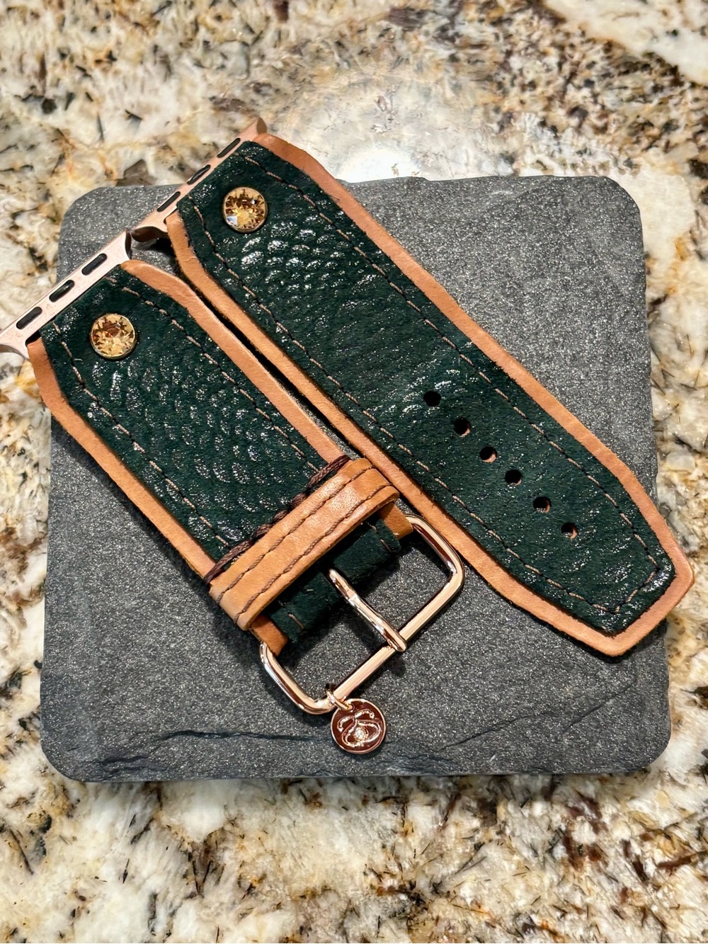 Green and Tan Leather Watch Band with Rose Gold Hardware